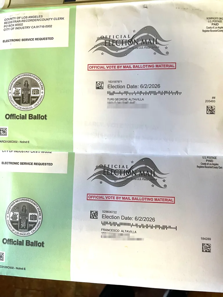 Two official mail-in ballots from Los Angeles County for the election on 6/2/2026.