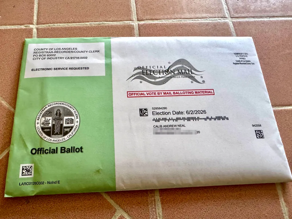 An official mail-in ballot from Los Angeles County for the 6/2/2026 election, addressed to Calib Andrew Neal.