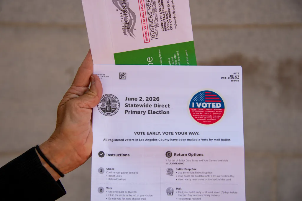 A hand holding a Los Angeles County vote by mail ballot for the June 2, 2026, Statewide Direct Primary Election.