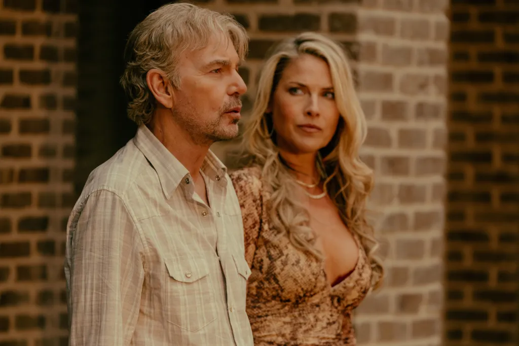 Billy Bob Thornton as Tommy Norris and Ali Larter as Angela Norris in Landman.