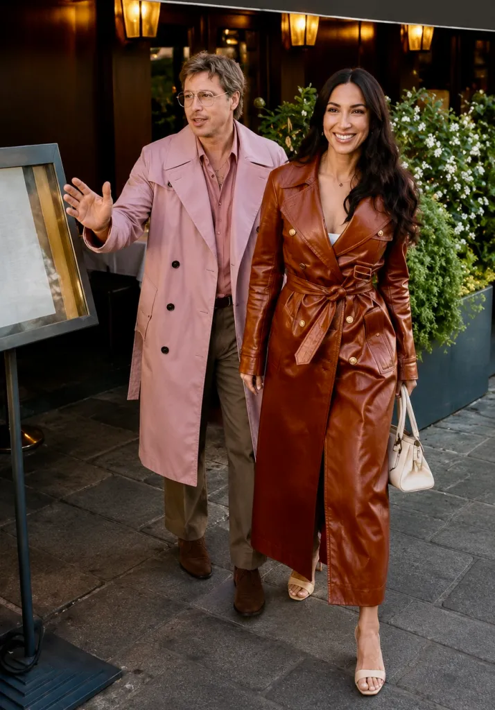 Brad Pitt in a pink trench coat and Ines De Ramon in a cognac leather trench coat heading to a hotel after dinner.