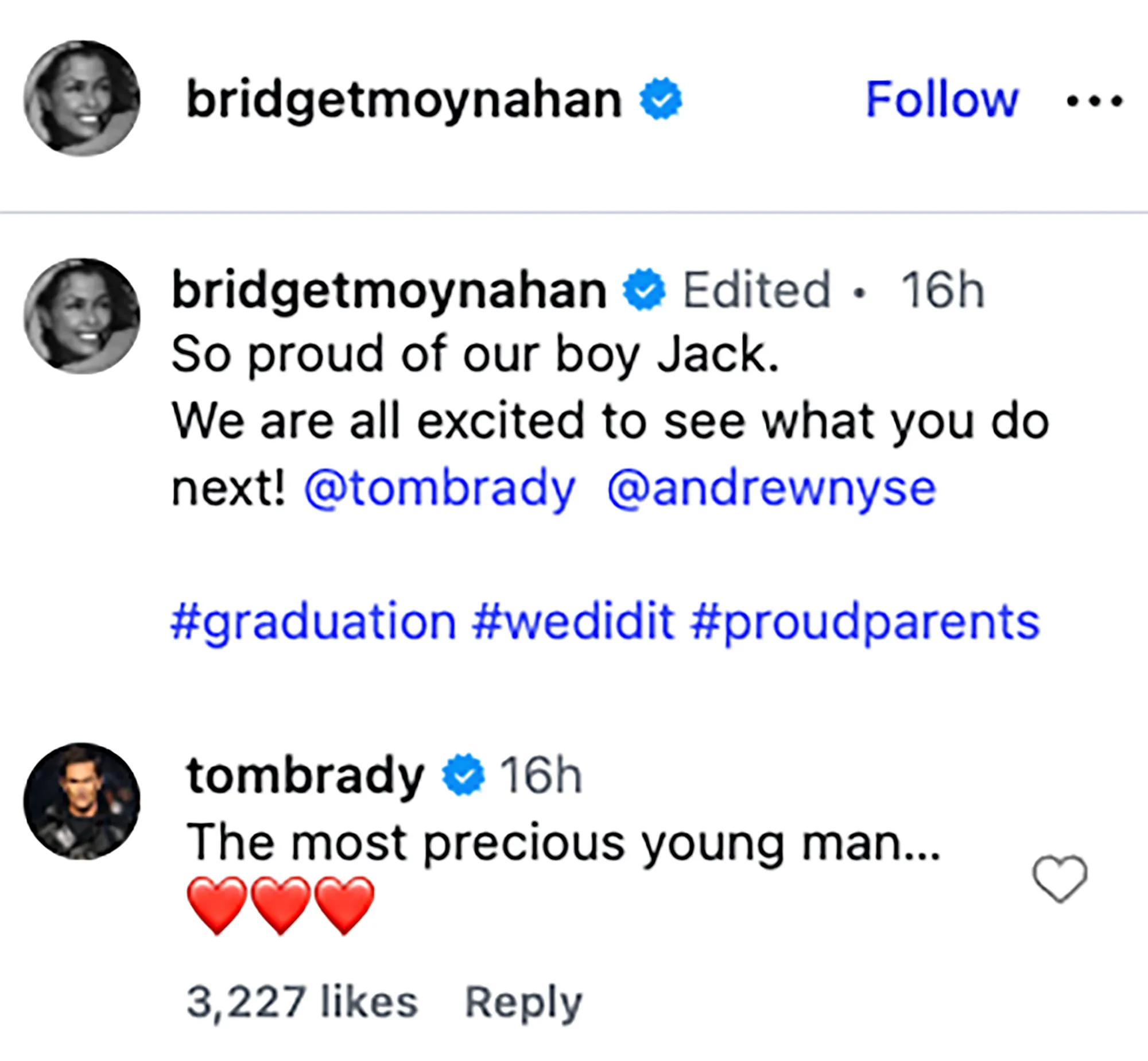 An Instagram screenshot shows Bridget Moynahan's post celebrating her son Jack's high school graduation, which Tom Brady commented on.
