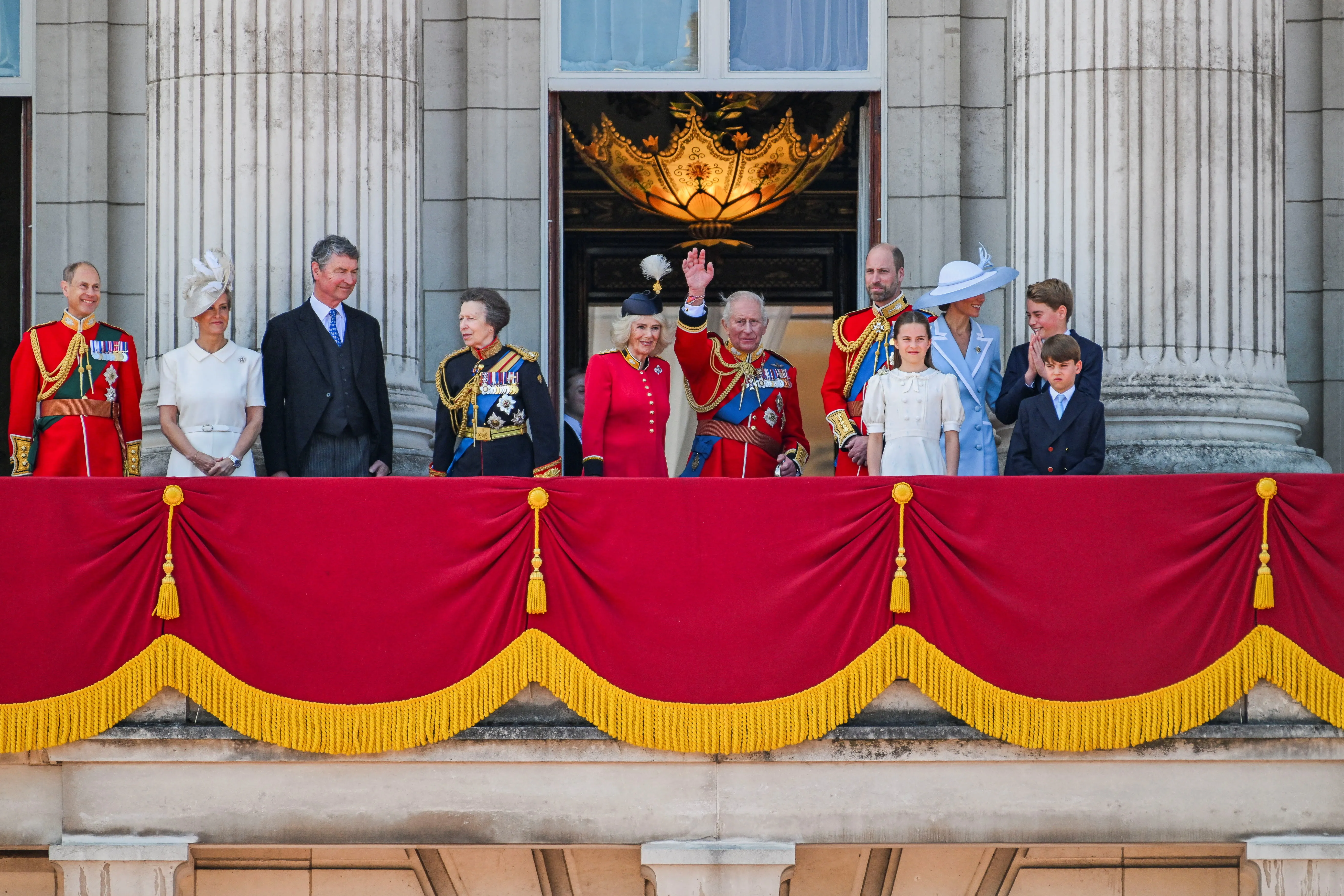 British Royal Family on Buckingham Palace balcony for Trooping the Colour parade.