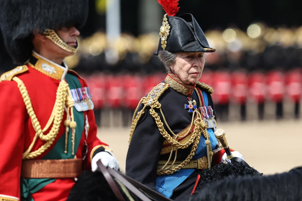 Princess Anne on horseback in military uniform at the Trooping the Colour parade.