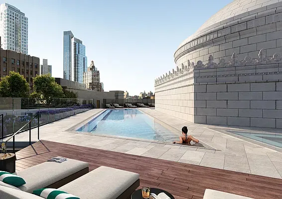 Just down the street at 85 Fleet Street, Brooklyn Tower — the borough’s only supertall — houses a 75-foot lap pool and whirlpool within a seven-floor Life Time fitness club spanning 100,000 square feet, with rentals ranging from $3,500 for studios to $13,010 for high-floor three-bedrooms.