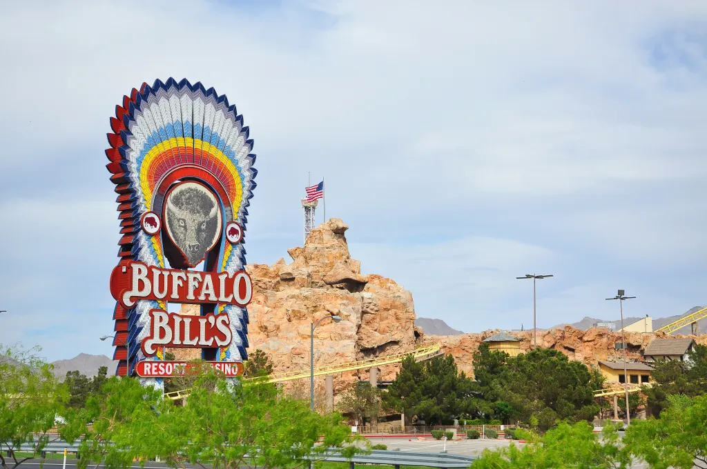 The Buffalo Bill's Resort & Casino sign with a buffalo head in a colorful headdress.