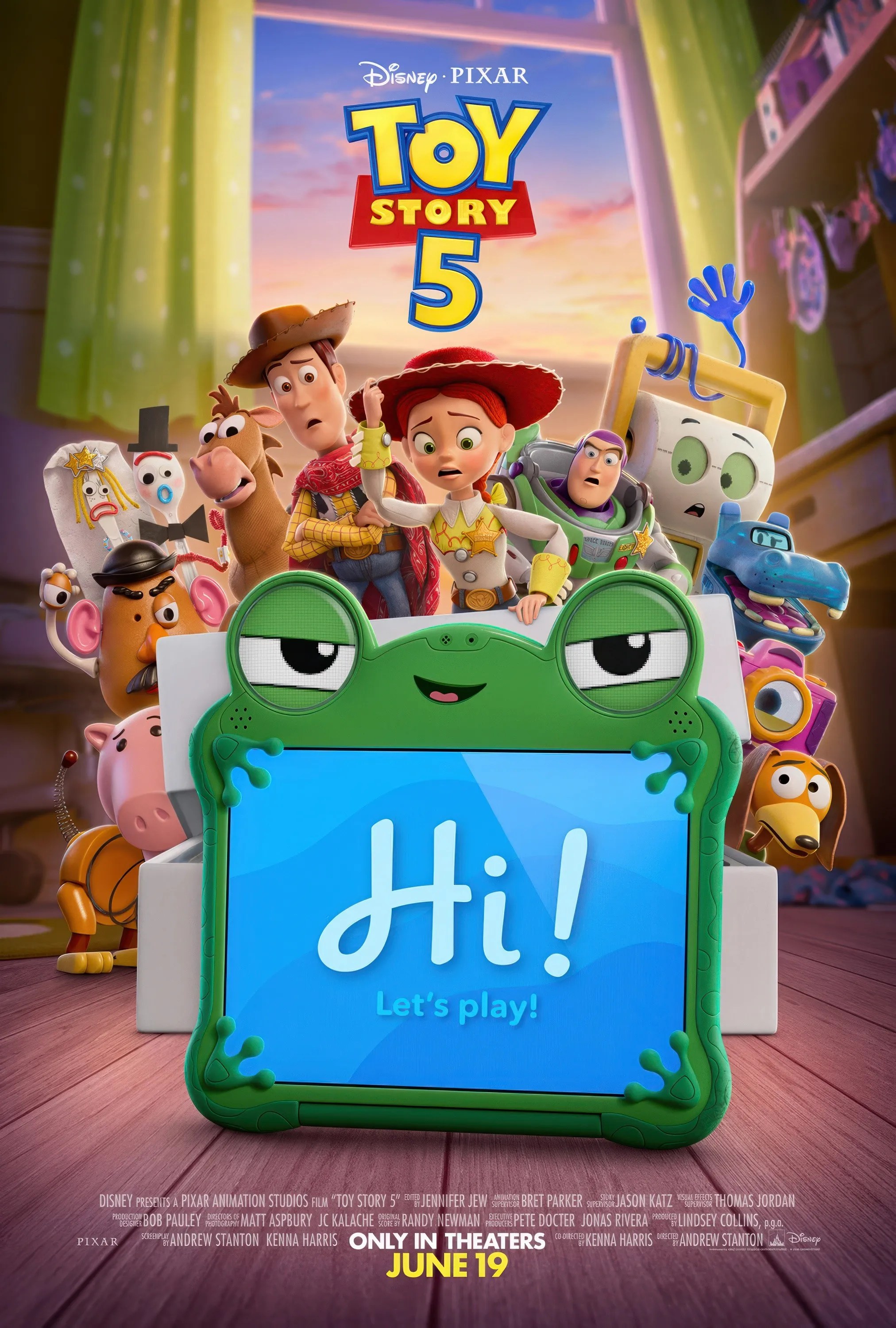 Illustration of a Toy Story 5 movie poster featuring Hamm, Mr. Potato Head, Karen Beverly, Forky, Bullseye, Woody, Jessie, Buzz Lightyear, Smarty Pants, Snappy, Slinky Dog, and LilyPad surrounding a frog-shaped tablet displaying 
