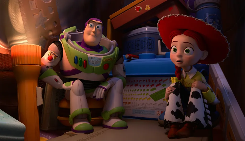 Illustration of Buzz Lightyear and Jessie from Toy Story looking concerned, illuminated by a flashlight.