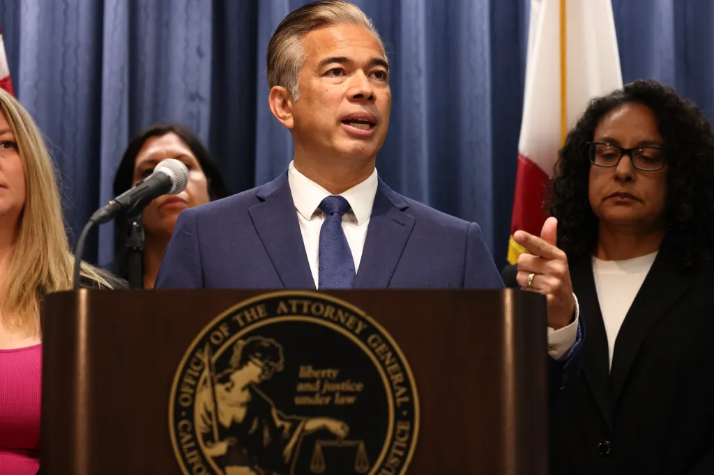California Attorney General Rob Bonta speaks at a press conference.