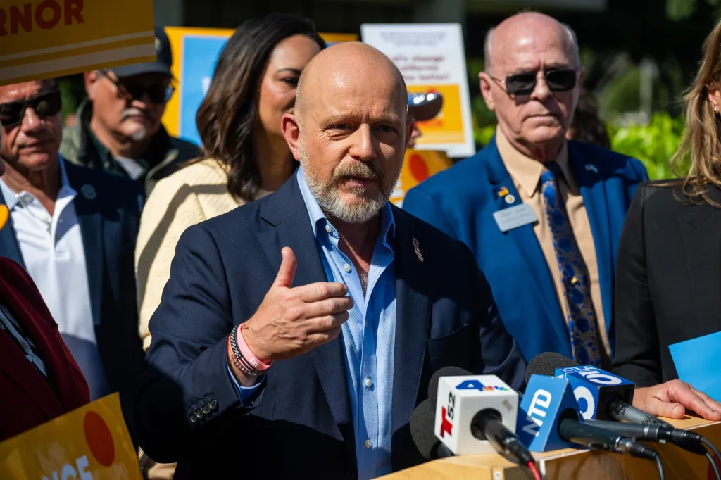 California gubernatorial candidate Steve Hilton speaks during a campaign event.