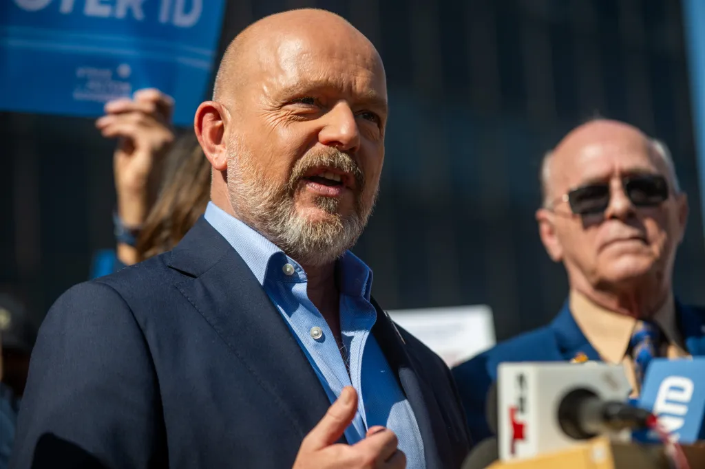 California gubernatorial candidate Steve Hilton speaks during a campaign event in Norwalk, California.