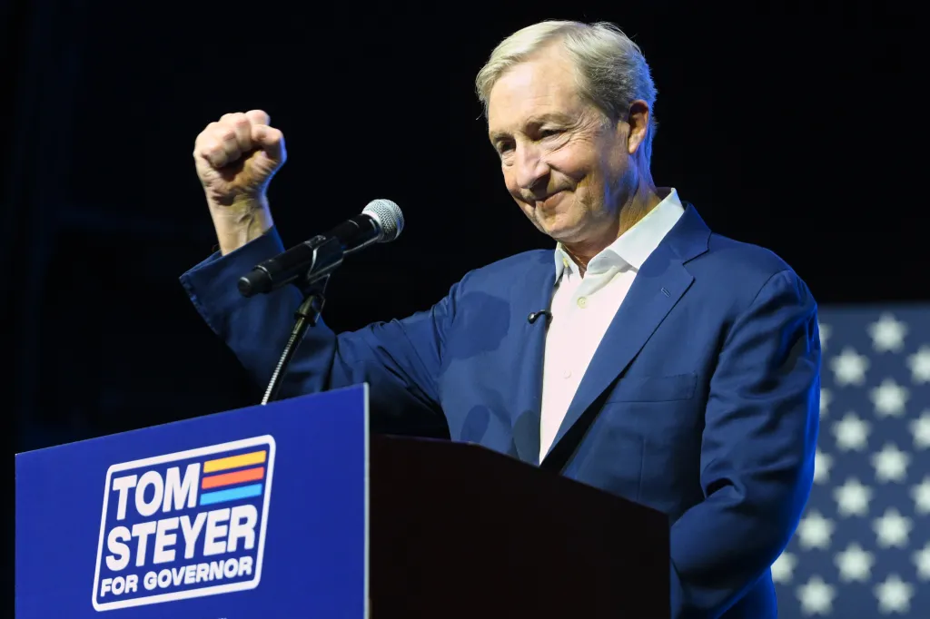 California gubernatorial candidate Tom Steyer speaks at an election night event.