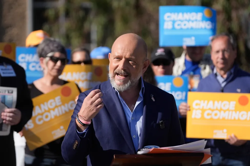 California Republican gubernatorial candidate Steve Hilton speaks at a news conference.