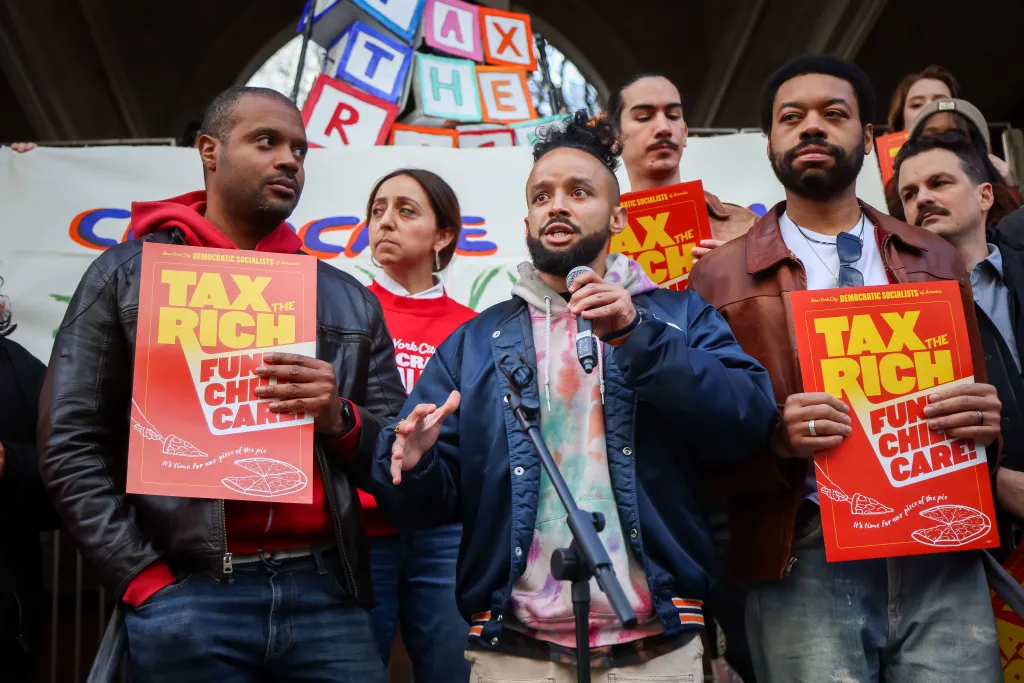 Christian Celeste Tate speaking at a NYC-DSA rally for their 