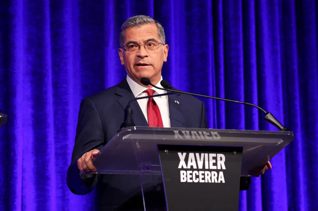 Xavier Becerra speaking at a debate for California governor.