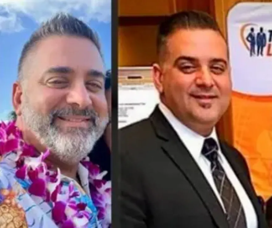 Collage of Carl W. Cacconie in a Hawaiian shirt and lei, and Carl W. Cacconie in a suit and tie.