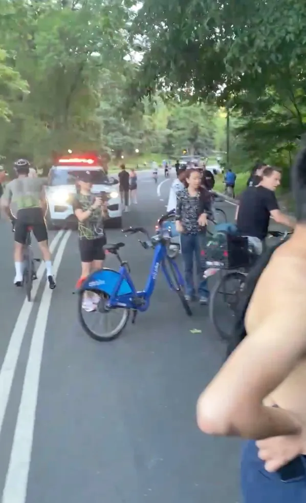 A white police SUV with flashing red lights and onlookers on a tree-lined street.
