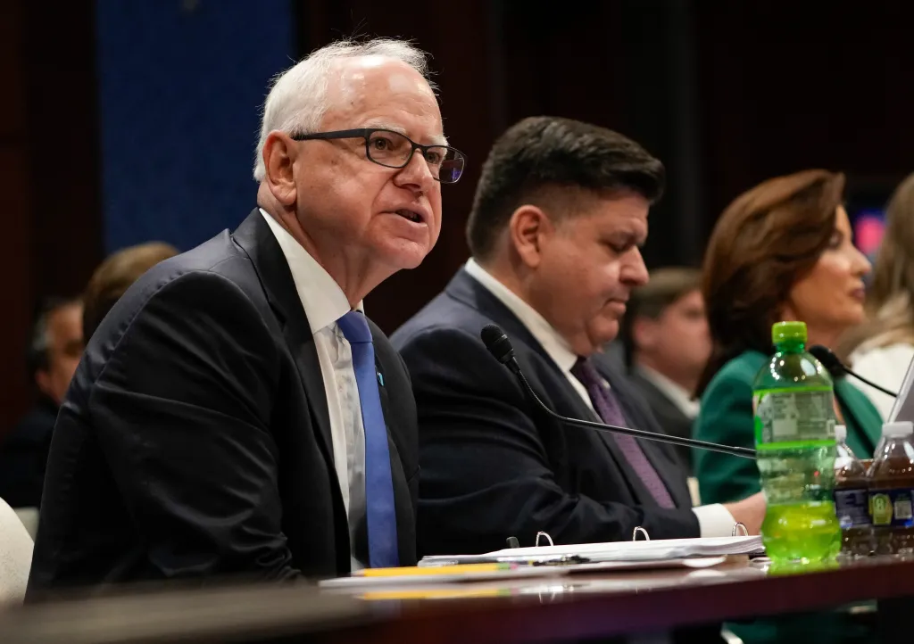 Gov. Tim Walz (D-MN), left, alongside Gov. JB Pritzker (D-IL), center, and Gov. Kathy Hochul (D-NY), right, testify before the House Committee on Oversight and Government Reform during a hearing on state immigration enforcement policy in Washington, D.C., on June 12, 2025.