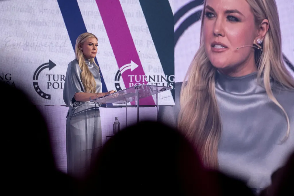 CEO of Turning Point USA Erika Kirk speaks during the Turning Point Women's Leadership Summit in San Antonio, Texas, U.S., June 5, 2026.