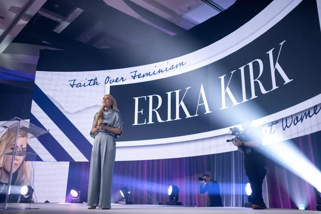 CEO of Turning Point USA, Erika Kirk, looks on during the Turning Point Women's Leadership Summit in San Antonio, Texas, U.S., June 5, 2026. 