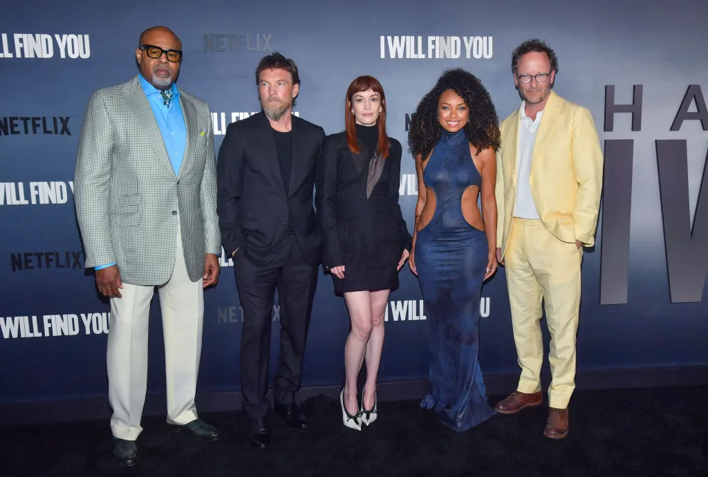 Chi McBride, Sam Worthington, Britt Lower, Logan Browning, and Christopher Redman pose at the Netflix's 'I Will Find You' series premiere.
