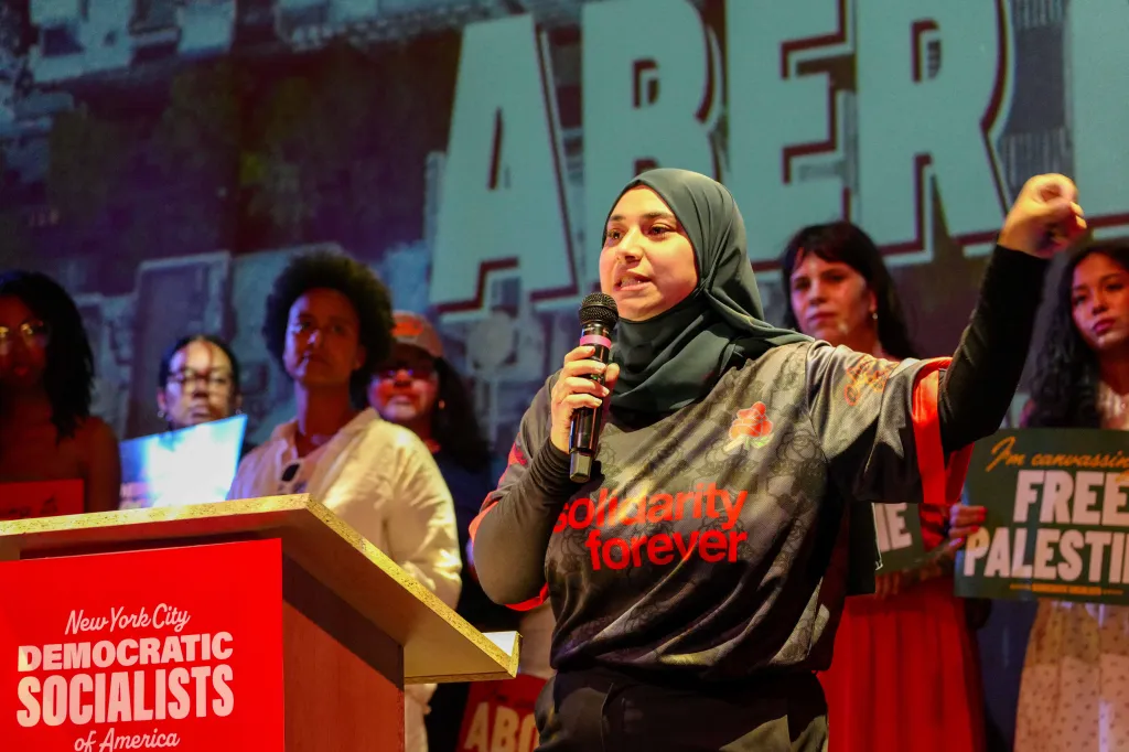 Aber Kawas speaking at a New York City Democratic Socialists of America rally.