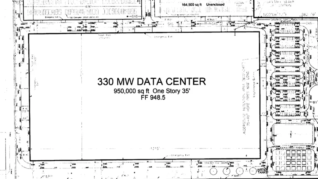 Illustration of a 330 MW data center with 950,000 square feet, one story, and 35 feet tall.