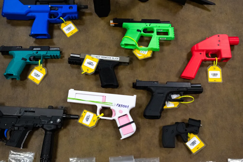 A collection of 3D printed guns and guns that have been modified using 3D printed parts, are seen in the National Firearm Reference Vault, which holds thousands of guns, at the Bureau of Alcohol, Tobacco, Firearms and Explosives (ATF) National Services Center in Martinsburg, West Virginia, September 4, 2024.