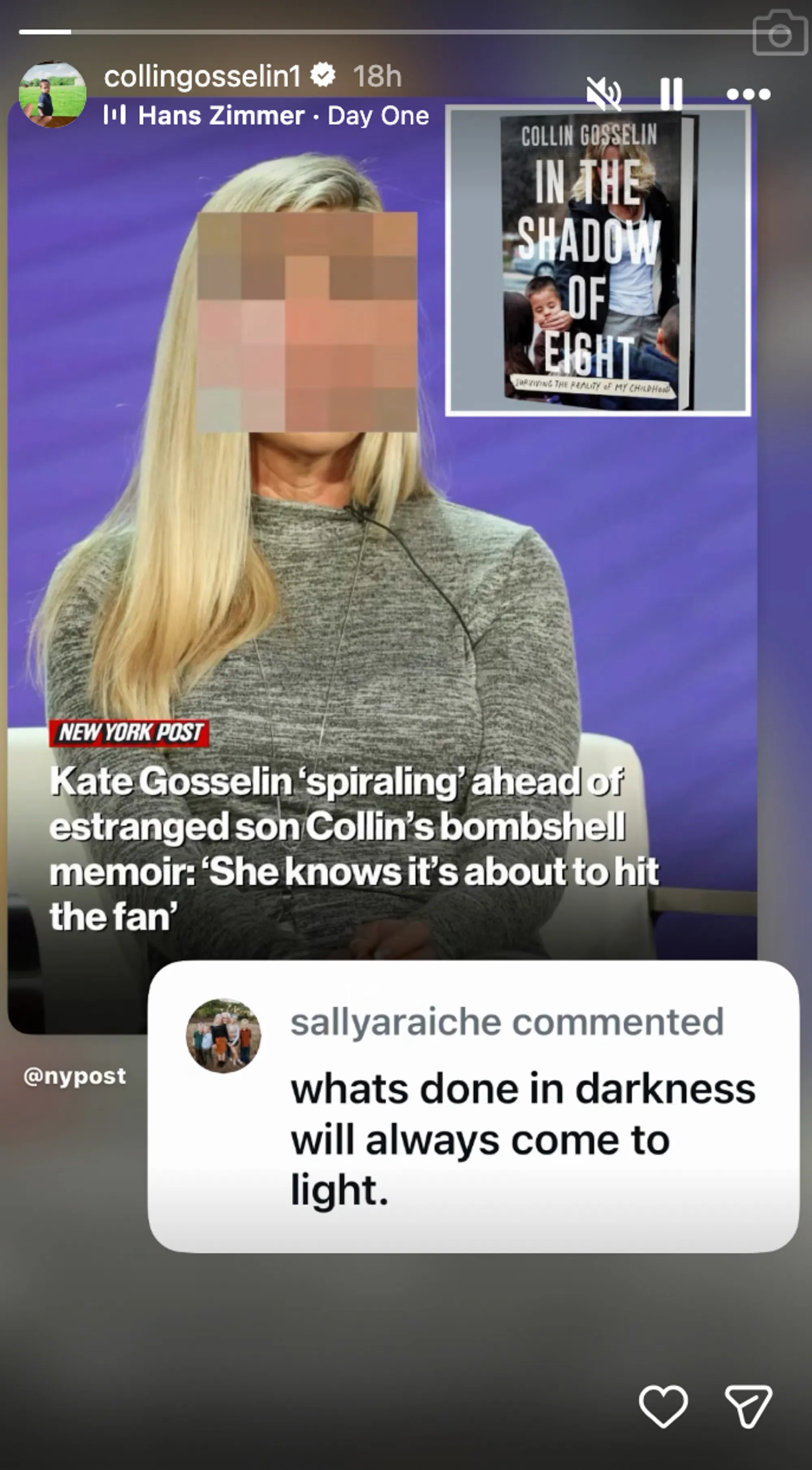 Instagram story by Collin Gosselin displaying a New York Post article about Kate Gosselin's reaction to Collin's memoir 