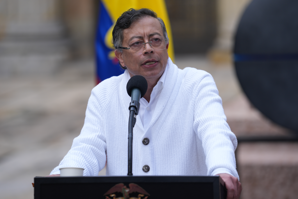 Colombian President Gustavo Petro delivers a speech as he casts his vote at Polling Station No. 1, marking the start of the presidential election day, where voters head to the polls to elect the country's next president in Bogota, Colombia on May 31, 2026.