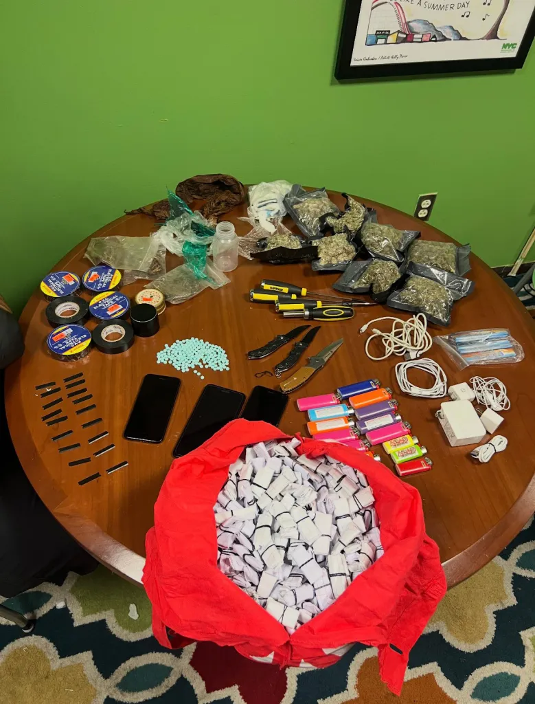 Contraband seized from Horizon Juvenile Center, including drugs, lighters, cellphones, tools, and chargers.