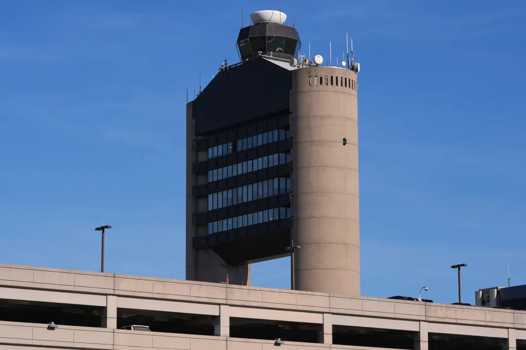 The control tower at Logan Airport on Dec. 9, 2025.