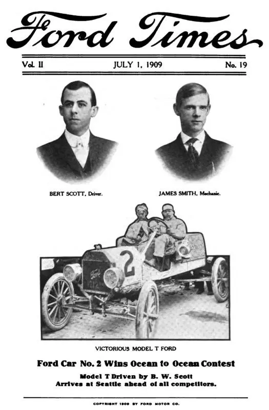 Cover of Ford Times, July 1, 1909, featuring driver Bert Scott, mechanic James Smith, and the winning Model T Ford Car No. 2.