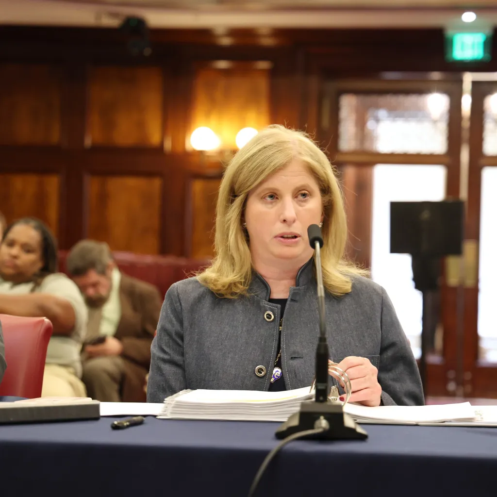 NYPD Commissioner Jessica Tisch speaking at a City Council budget hearing.