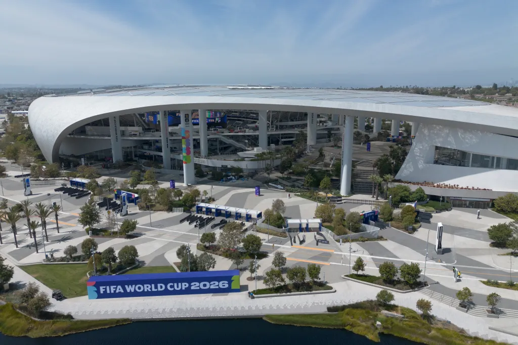 SoFi Stadium, home to the FIFA World Cup 2026, with a large 