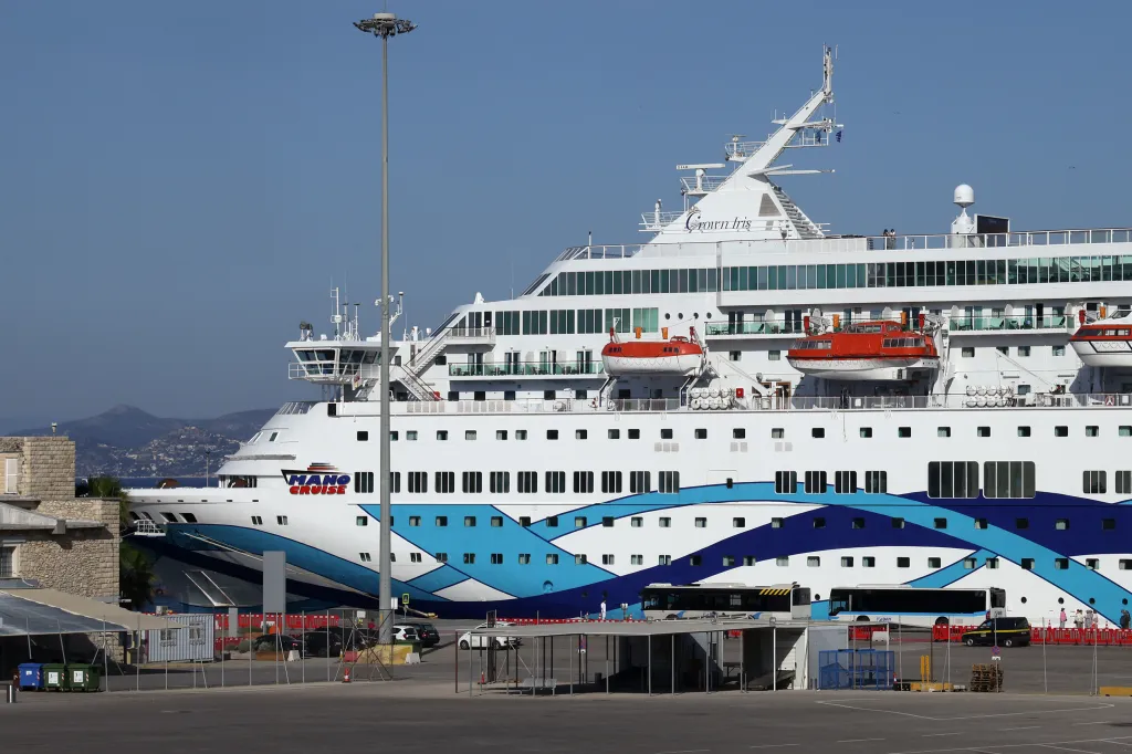 The 'Crown Iris' cruise ship docked at the port of Piraeus, Greece.
