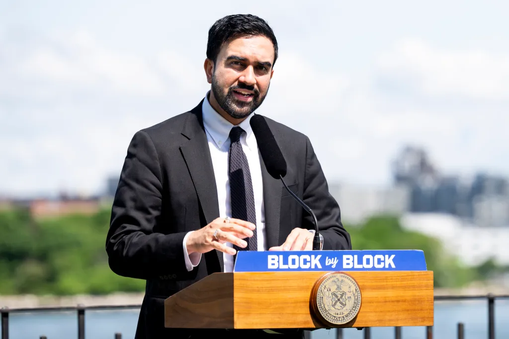 Zohran Mamdani, NYC Mayor, speaking at a press conference on housing in Queens.