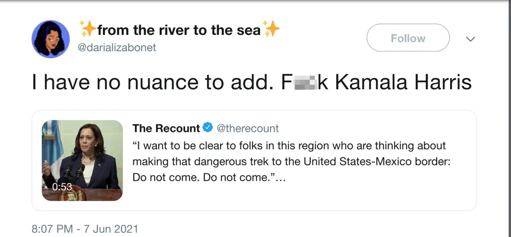 A tweet from @darializabonet reacting to a video of Kamala Harris stating, 