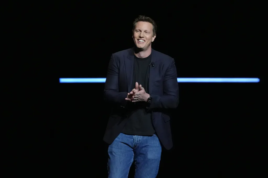 David Ellison, CEO of Paramount Skydance, smiles while speaking at CinemaCon.