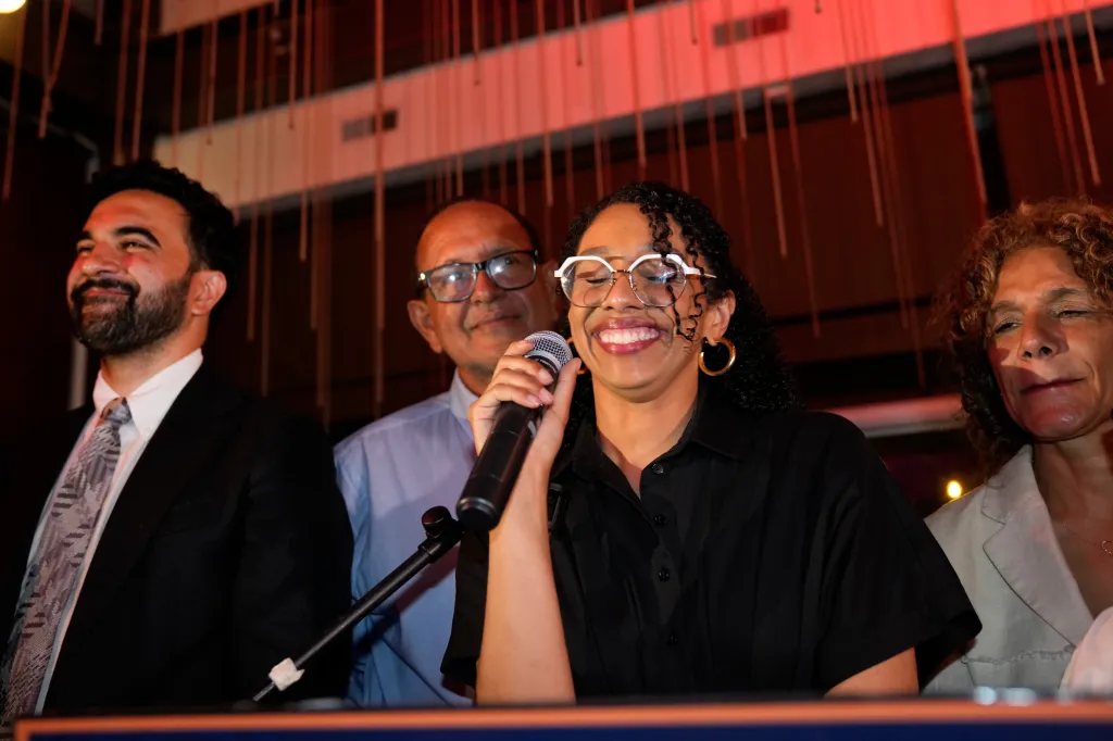 Darializa Avila Chevalier speaks to her supporters at an election night watch party in New York on June 23, 2026.