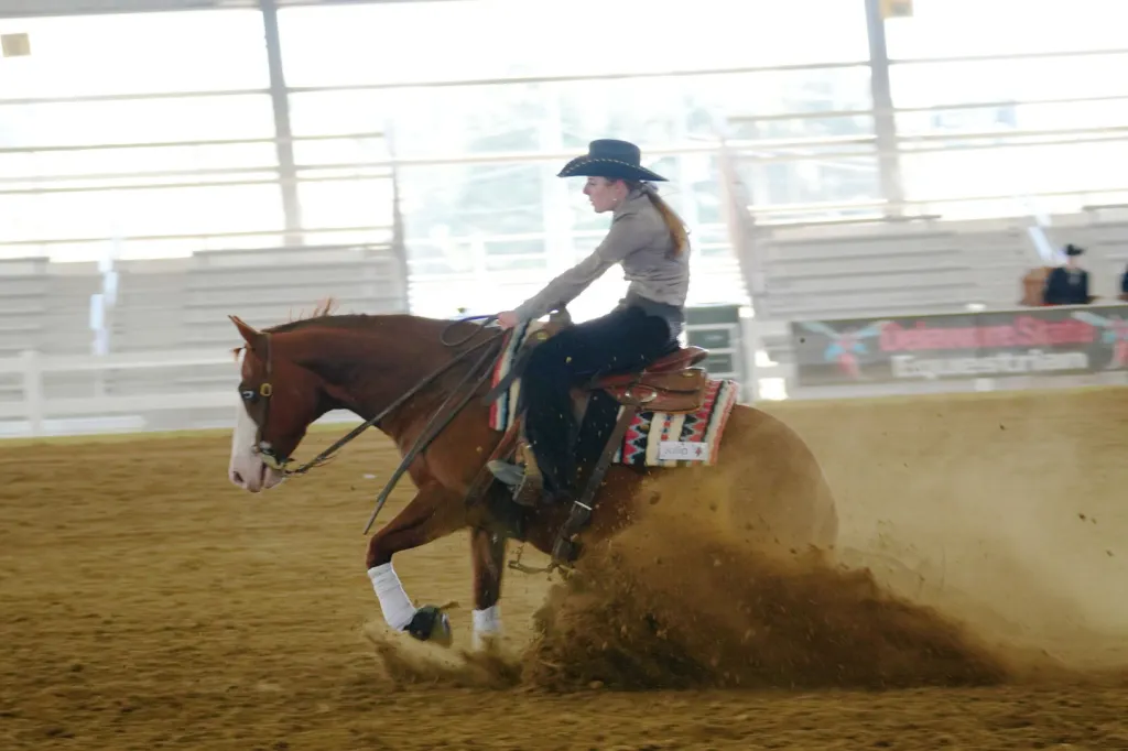 A cowgirl in a black hat and gray shirt riding a brown horse in a dusty indoor arena, with the horse in a sliding stop.