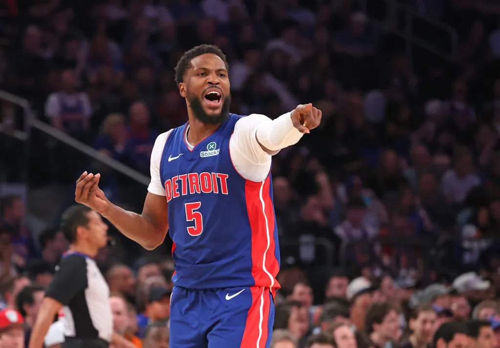 Detroit Pistons guard Malik Beasley #5 reacts after scoring.