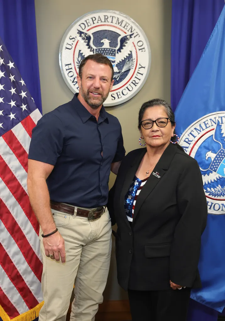 DHS Secretary Markwayne Mullin and Angie Morfin, a victim of illegal immigrant violence.