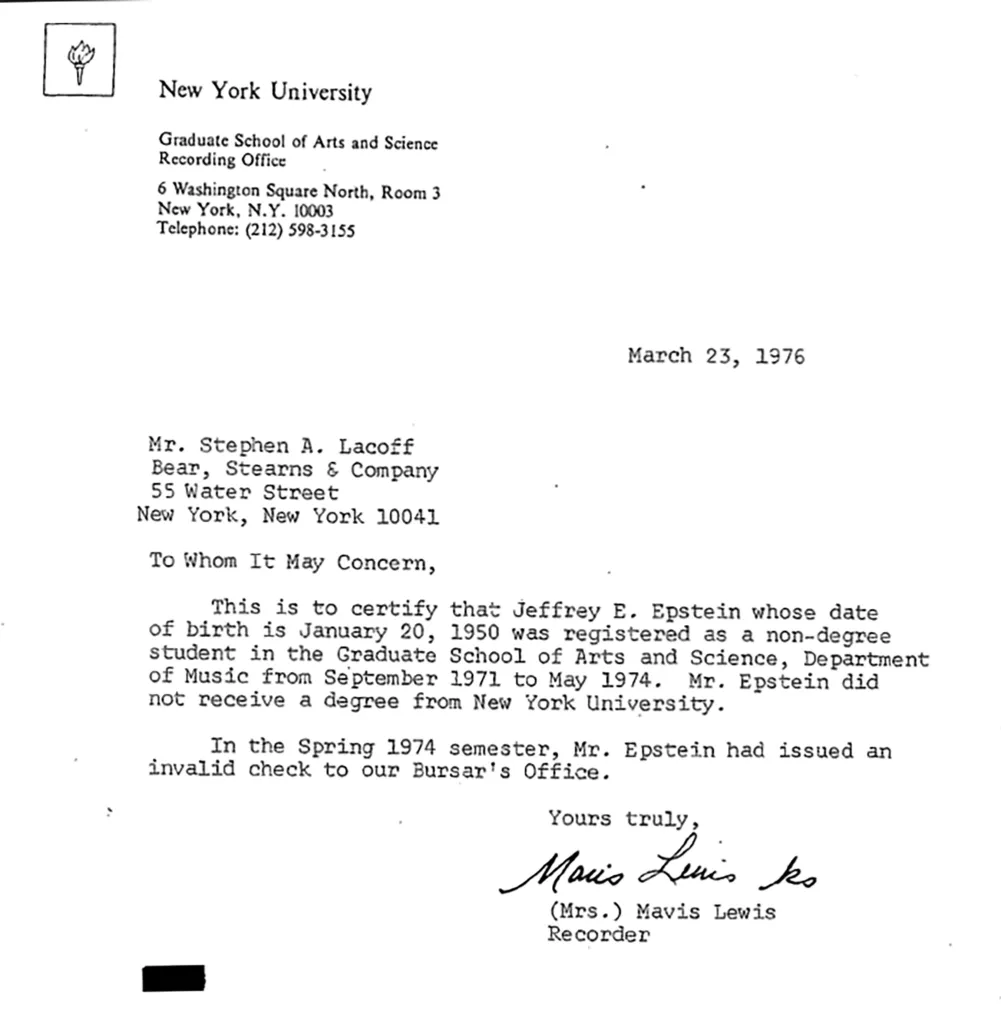 When Jeffrey Epstein applied to now-defunct Bear Sterns, NYU sent them a letter saying he did not graduate and had tried to pass off a bad check.
