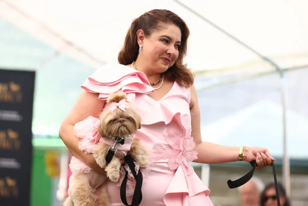 Woman in pink gown holding a Shih Tzu dog in a matching pink outfit.