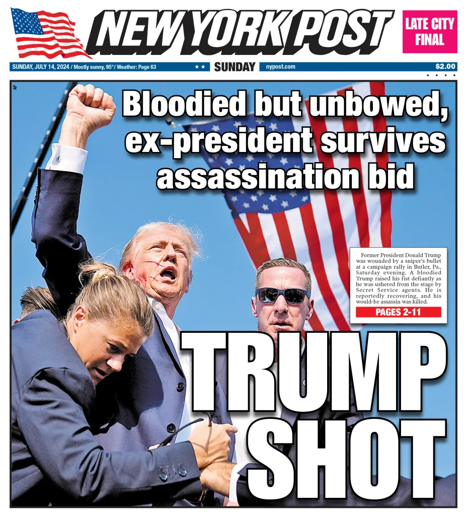 Illustration of a New York Post front page with the headline 