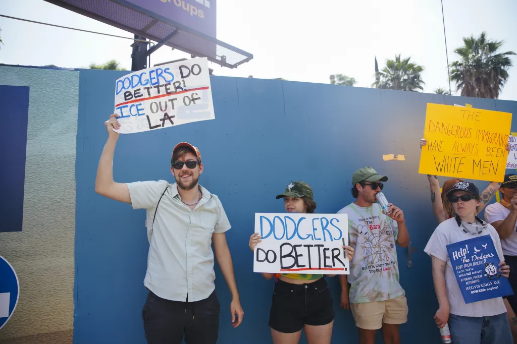 Dozens of people protest outside Dodger Stadium, criticizing the Los Angeles Dodgers for their lack of support for immigrants and their cooperation with US Immigration and Customs Enforcement (ICE), in Los Angeles, United States on June 21, 2025.