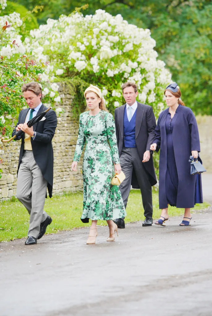 Edoardo Mapelli Mozzi, Princess Beatrice, Jack Brooksbank, and Princess Eugenie arriving at the wedding of Harriet Sperling to Peter Phillips.