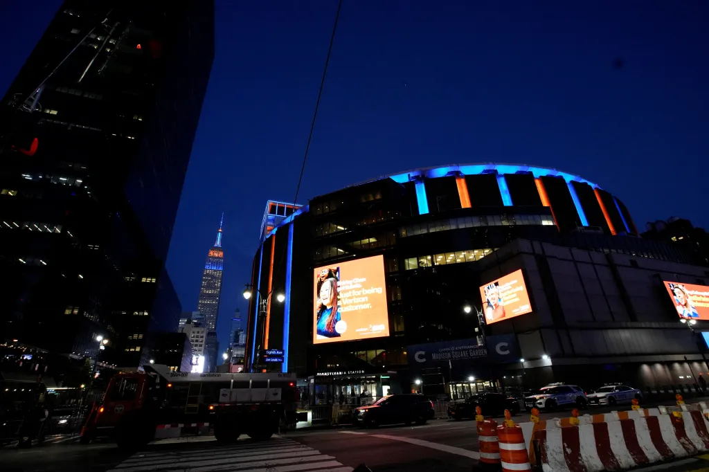The Empire State Building and Madison Square Garden are lit up in Knicks colors during Game Three of the NBA Finals between the New York Knicks and San Antonio Spurs in New York City, on June 8, 2026.