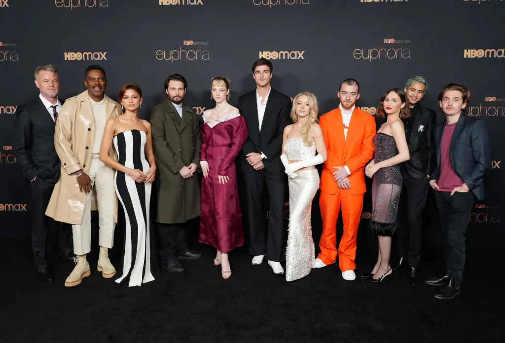 Cast members Eric Dane, Colman Domingo, Zendaya, Sam Levinson, Hunter Schafer, Jacob Elordi, Sydney Sweeney, Angus Cloud, Maude Apatow, Dominic Fike and Austin Abrams pose at the 